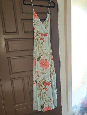 Lulu's Light Blue Maxi Slip Dress with Coral & Pink Floral Print